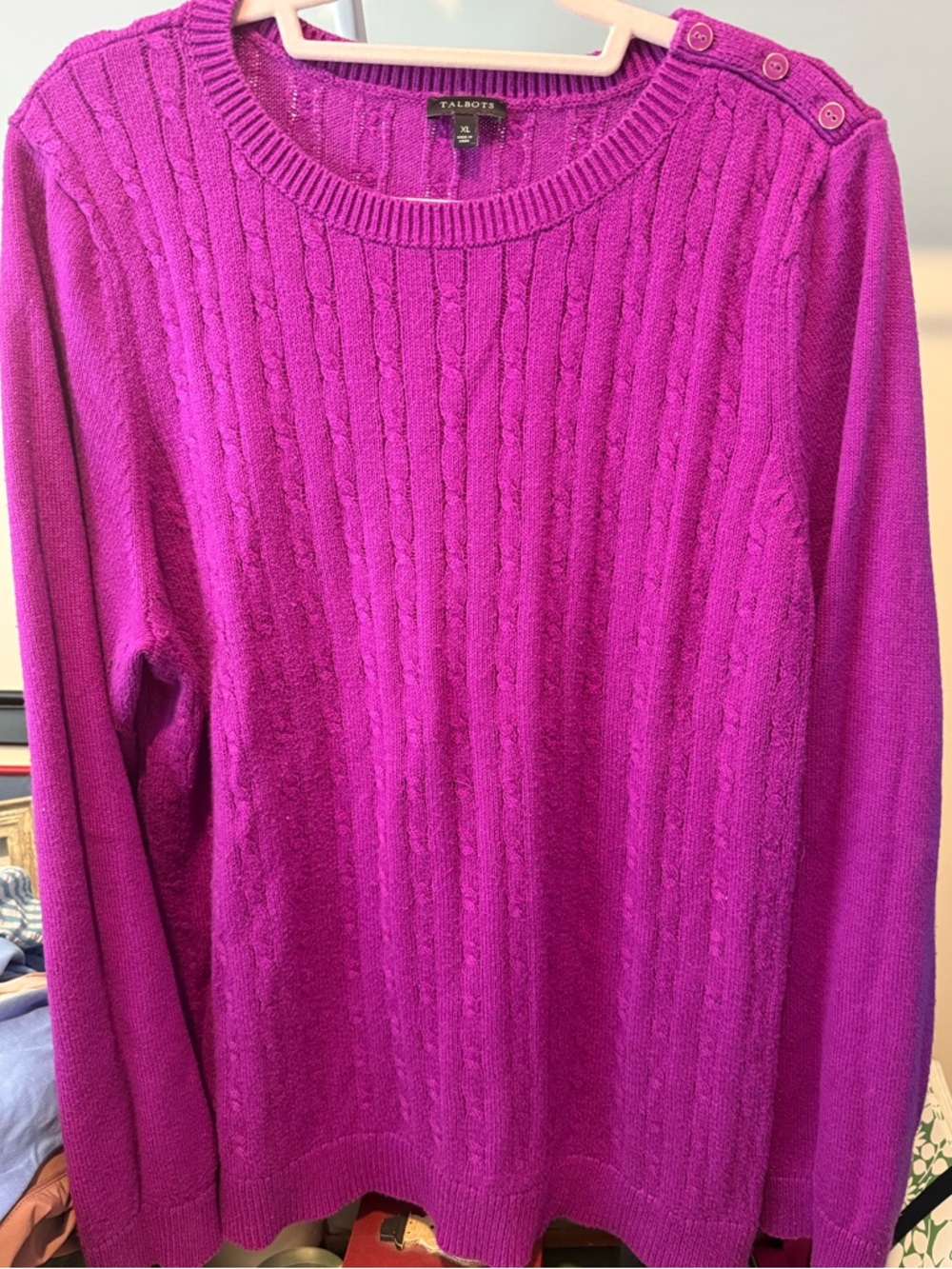 Talbots XL Bright Magenta Cable-Knit Crewneck Sweater with Shoulder Buttons